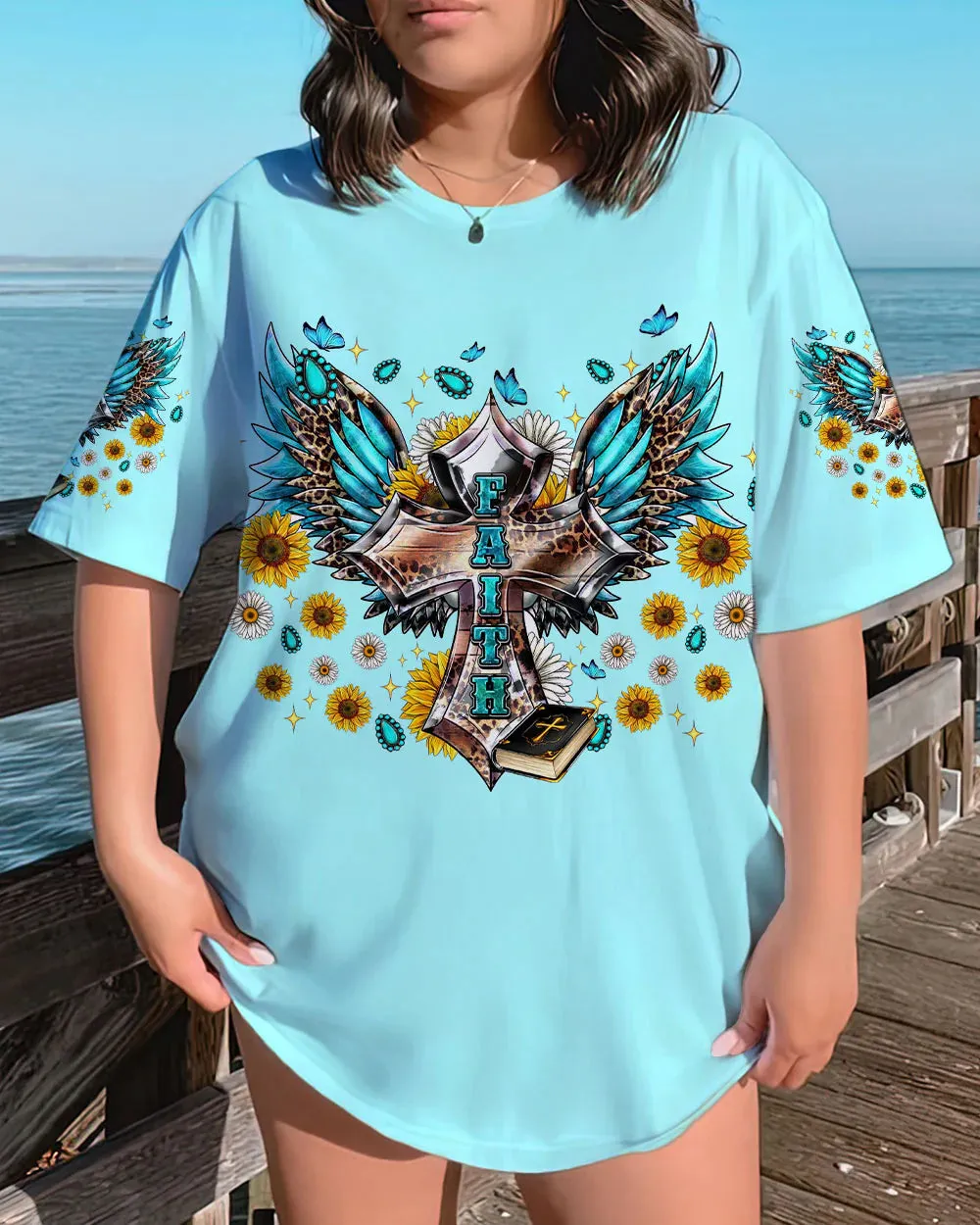 Christianartbag 3D T-Shirt For Women, Faith Cross Wings,Christian Shirt, Faithful Fashion, 3D Printed Shirts for Christian Women