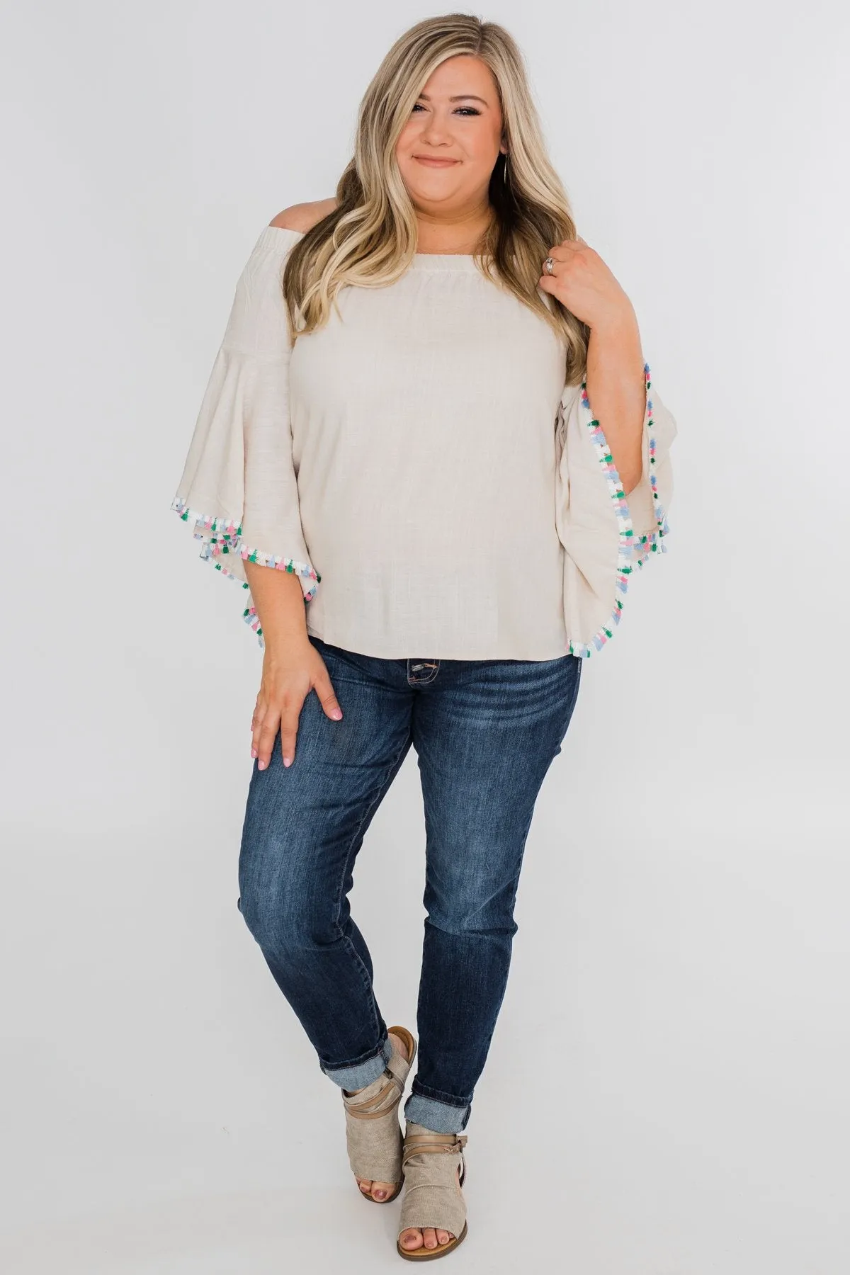 Come A Little Closer Off the Shoulder Top- Light Tan